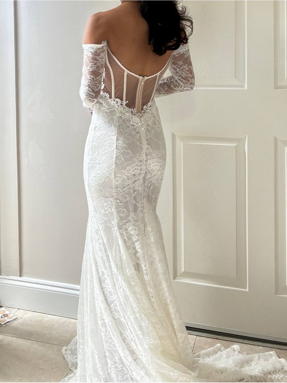 Off-Shoulder White Lace Mermaid Wedding Gown - Picture 2 of 3